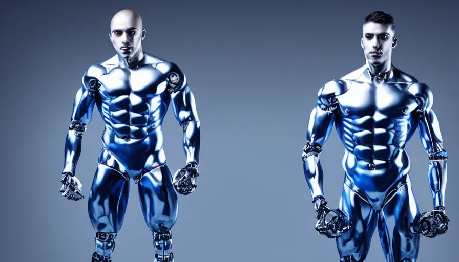 Image similar to male robot fitness model standing, blue background, bright lighting, shiny glossy metallic skin