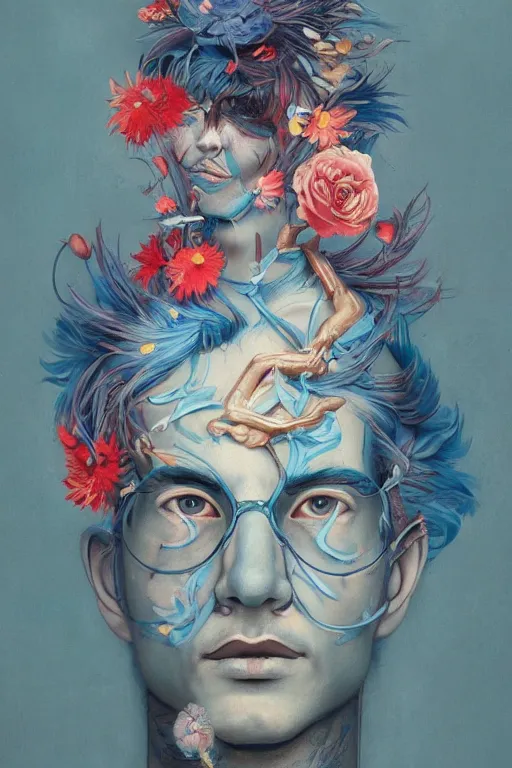 Image similar to a painting of a man with blue hair and flowers on his chest, a surrealist painting by james jean, trending on cgsociety, pop surrealism, androgynous, grotesque, angular