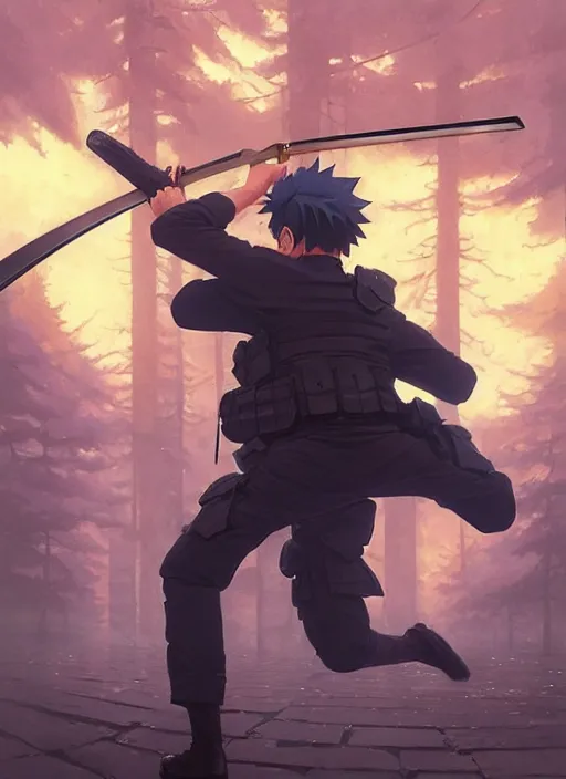 Image similar to highly detailed polish policeman fighting with katana wielding naruto uzumaki with black hair, fighting with polish policeman art by greg rutkowski, loish, rhads, ferdinand knab, makoto shinkai and lois van baarle, ilya kuvshinov, rossdraws, tom bagshaw, global illumination, radiant light, detailed and intricate environment