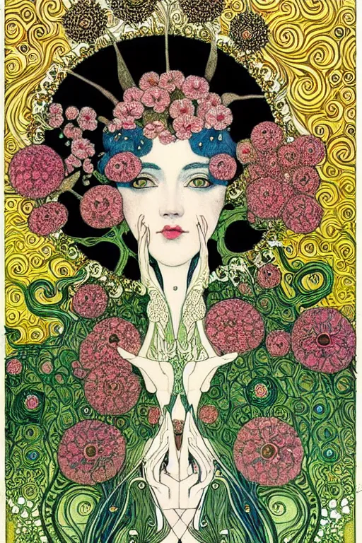 Image similar to centered beautiful detailed front view portrait of a woman with ornate flowers growing around, ornamentation, flowers, elegant, dark and gothic, full frame, art by kay nielsen and walter crane and gustave klimt, illustration style, watercolor