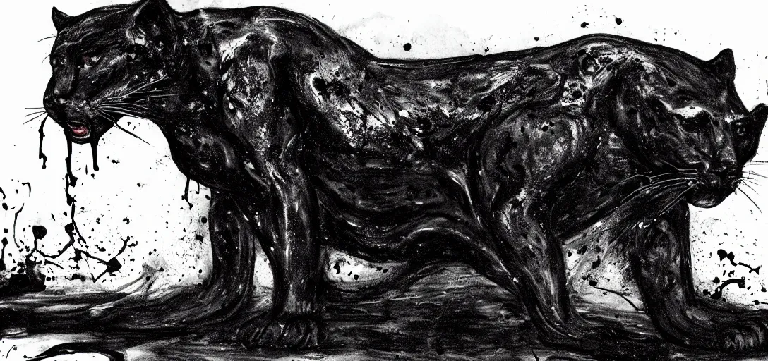 Image similar to a panther, made of tar, in a suburban backyard, sticky, full of tar, covered with tar, dripping tar, dripping tar, splattered tar, sticky tar. concept art, reflections, black goo, animal drawing