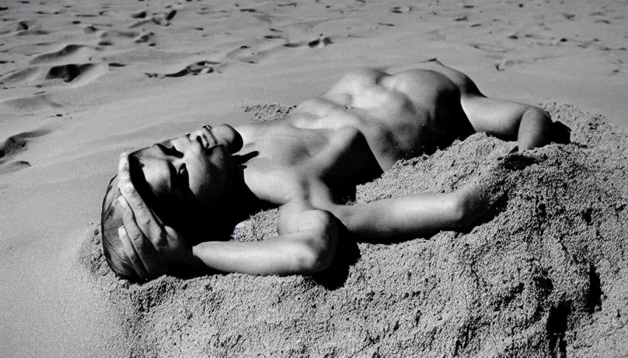 Prompt: 1 9 6 0 s movie still close up of marcus atilius regulus eyelids riped off looking directly at the sun his body buried in the sand, cinestill 8 0 0 t 3 5 mm b & w, high quality, heavy grain, high detail, texture, dramatic light, anamorphic, hyperrealistic, detailed hair