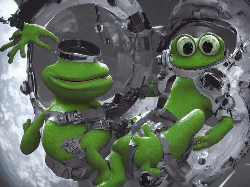 Image similar to hyper realistic, unreal engine 5, 8k, detailed, pepe the frog wearing spacesuit floating in space, photorealism