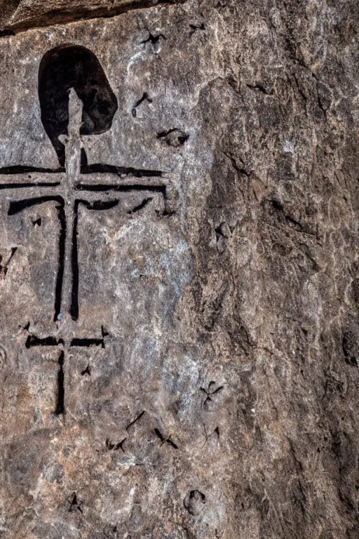 Image similar to 4 k photography of petroglyphs representing crosses, sauwastica, wifi symbol on a cave