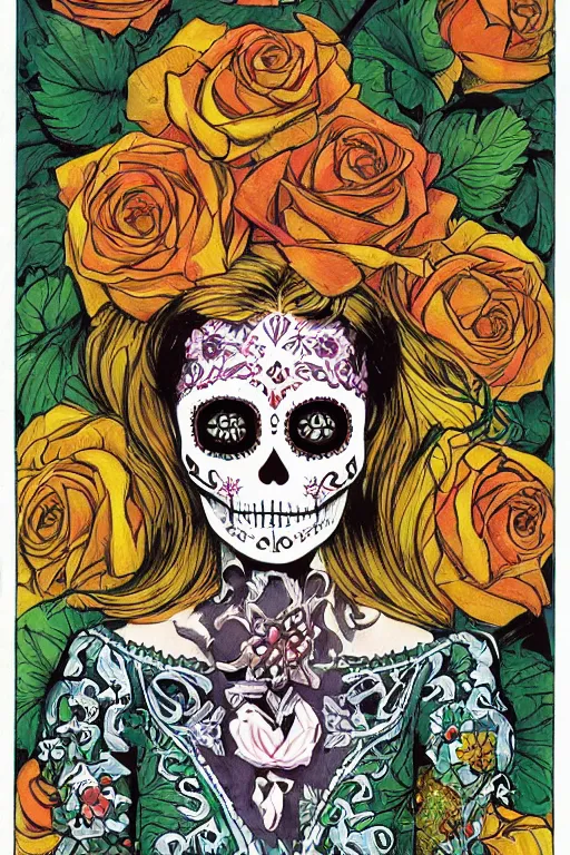 Image similar to Illustration of a sugar skull day of the dead girl, art by charles vess