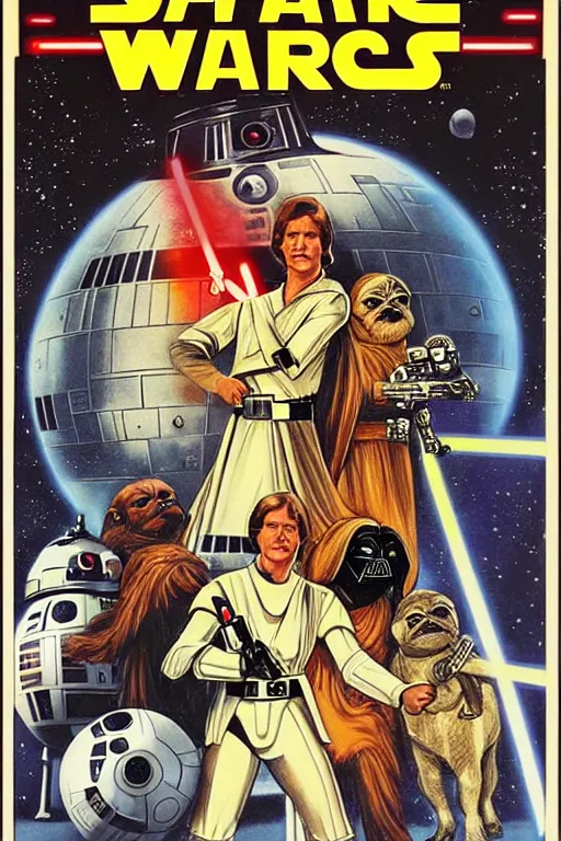 Prompt: vintage 1 9 7 7 star wars episode iv a new hope movie poster by tom jung, with pug droids, pug darth vader, and pugs instead of people