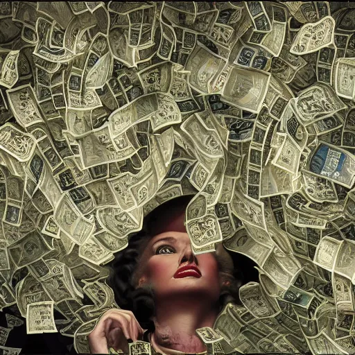 Prompt: tornado made of dollar bills, raining dollar bills, heavy winds and clouds of cash in the background, Realistic, Regal, Refined, Detailed Digital Art, Michael Cheval, Walt Disney (1937), François Boucher, Oil Painting, Steampunk, Highly Detailed, Cinematic Lighting, Unreal Engine, 8k