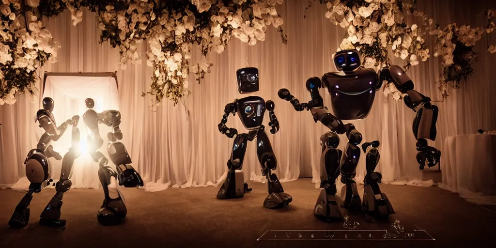 Image similar to two robots wedding, cinema, scene, romantic, elegant, sofe light, cinematography lighting, still photo