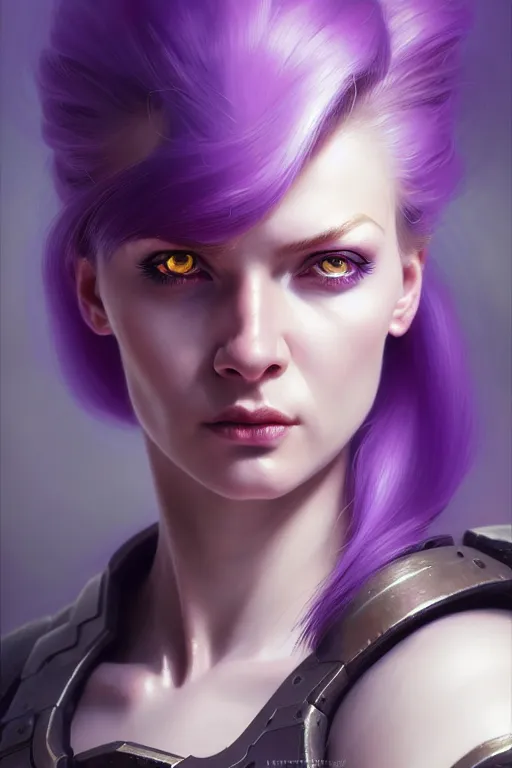 Image similar to alexey gurylev, close up portrait, pale woman in power armor with purple ponytail hair, mysterious, deep focus, d & d, fantasy, complex, elegant, highly detailed, digital painting, artstation, concept art, matte, clear focus, illustration, hearthstone, artgerm art, greg rutkovsky and alphonse mucha