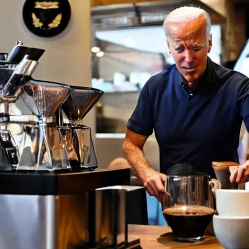 Image similar to Joe Biden, the ultimate barista, making a latte, low lit coffee shop