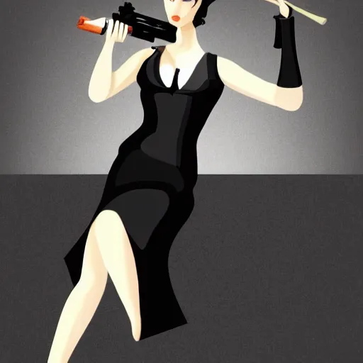 Prompt: hot spy woman wearing a black dress with a gun in her hand