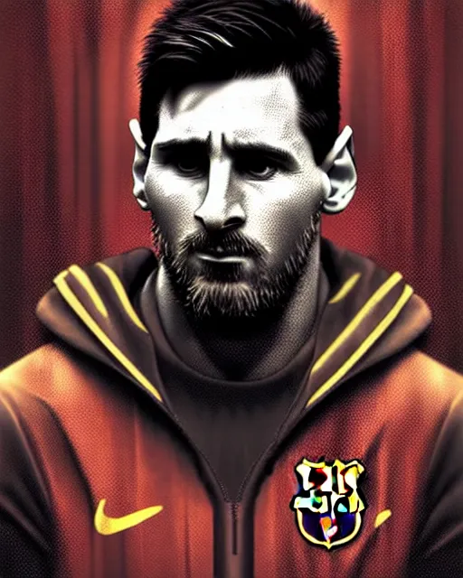 Image similar to messi, character portrait, portrait, close up, concept art, intricate details, highly detailed, sci - fi poster, cyberpunk art, in the style of looney tunes