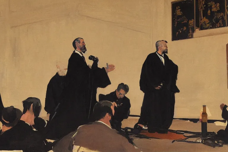 Image similar to a man in black robes interrupts a conference stage podium by joaquin sorolla, greg rutkowski, hokusai