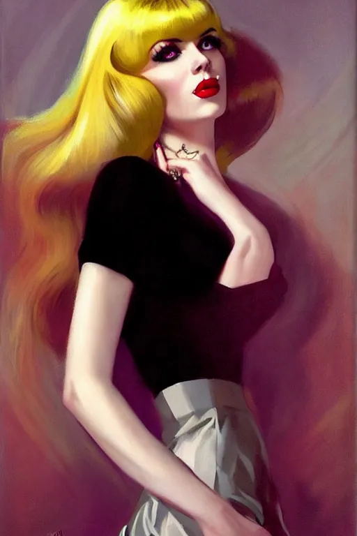 Prompt: portrait 1 9 6 0 s elegant blonde beautiful mod girl, long straight 6 0 s hair with bangs, wearing velvet, vampire, glam, groovy, by brom, tom bagshaw, sargent