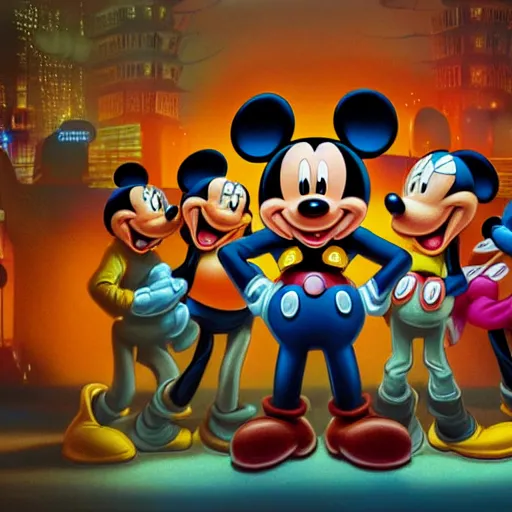 Image similar to a group of people standing around a mickey mouse, cyberpunk art by david lachapelle, cgsociety, sots art, dystopian art, reimagined by industrial light and magic, concept art