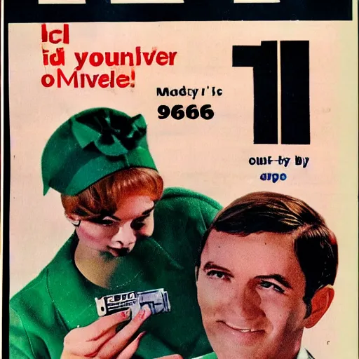 Prompt: 1 9 6 6 magazine ad with young lady holding a diy hf transceiver and surprised middle - aged man next to her, orwocolor