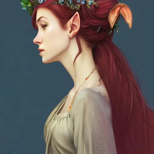 Prompt: side portrait of very beautiful elf, wearing a cloak, dark flower crown, hair in the wind, headshot, looking down, hyper realistic, pale skin, bright red hair, 4k, rule of thirds, extreme detail, detailed drawing, trending artstation, hd, fantasy, D&D, realistic lighting, by Alphonse Mucha, Greg Rutkowski, sharp focus, backlit, elegant