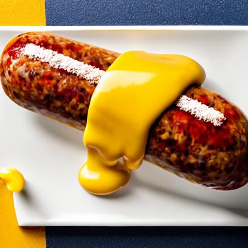 Prompt: commercial photo of a sausage ice cream, mustard, ketchup, relish