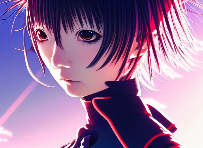 Image similar to editorial illustration colorful anime portrait of shiina ringo, murata range, last exile, yoh yoshinari, studio trigger, anime, manga, ilya kuvshinov, fine texture, realistic shading, fine details, matte colors, dramatic lighting, dynamic composition, moody, vivid, volumetric, stippled lighting, cinematic