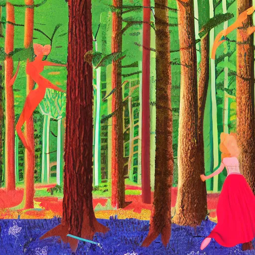 Prompt: woman and woodland beast dancing in a clearing in the forest, by david hockney, james jean, concept art, with 3 d geometric accents, 4 k