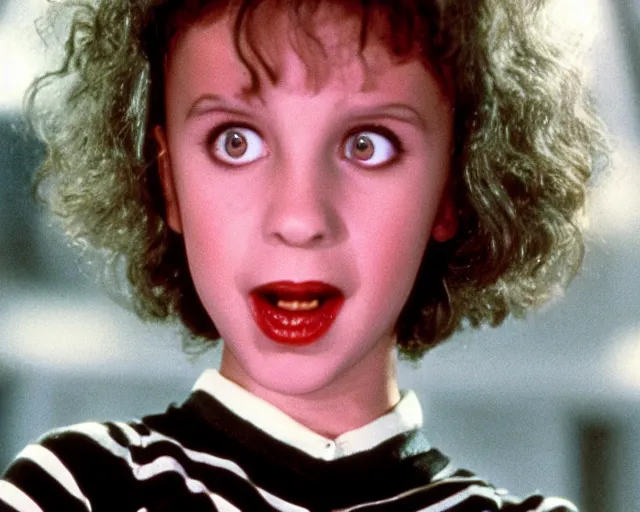 Image similar to millie bobby brown as lydia in beetlejuice, 1988, cdx