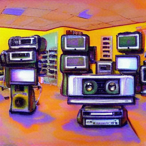 Image similar to array of crt televisions, tv static, antenna, stacked, polaroid, steroids, adult video store, impressionist painting, painting, oil painting, cell shaded, fuzz