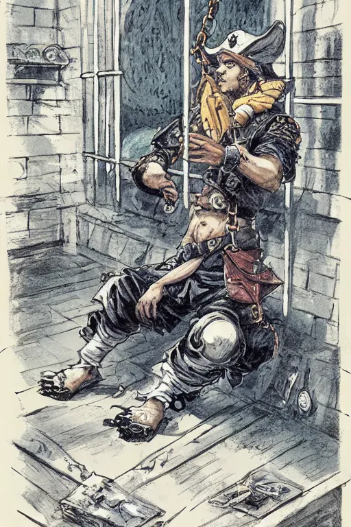 Prompt: aesthetic portrait of a pirate wearing a ball and chain by masamune shirow and alex horley - orandelli, sitting under a window with bars inside a prison, concept art, centered, deviantart