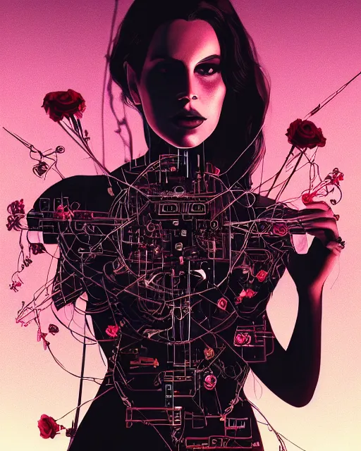 Image similar to portrait of lana del rey as a cyberpunk cyborg. intricate abstract. intricate artwork, tear drops, roses, crucifix, by tooth wu, wlop, beeple, dan mumford. concept art, octane render, trending on artstation, greg rutkowski, symmetrical, cinematic, key art, hyper realism, iridescent accents