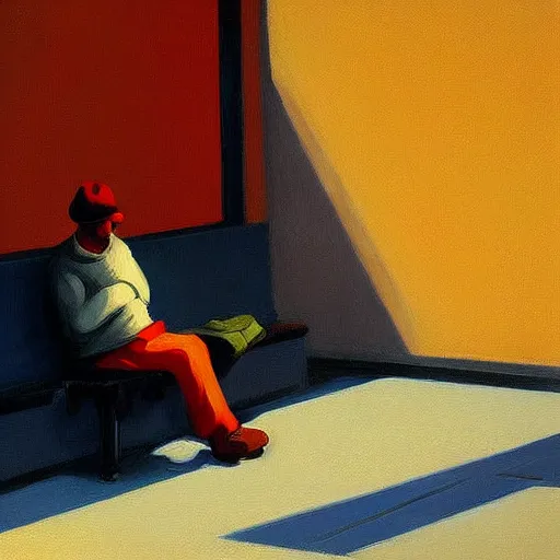 Image similar to painting of a homeless person. by edward hopper and james gilleard