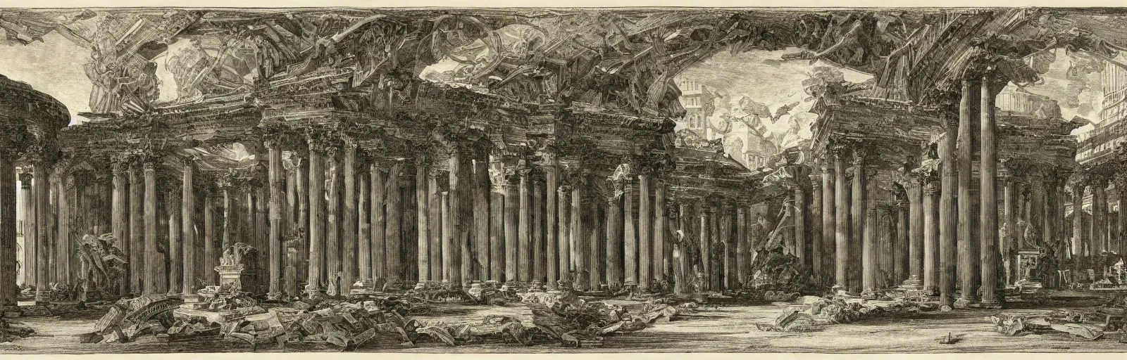 Image similar to a imaginative and theatrical architectural interior landscape, etching by giovanni battista piranesi