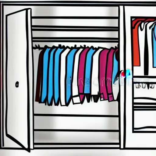 Image similar to storybook illustration of an open wardrobe revealing the entrance to a fantastic world featuring diary of a wimpy kid, storybook illustration, monochromatic