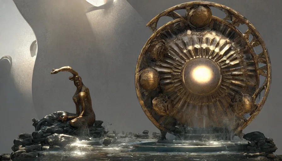 Prompt: craig mullins illustration of an art deco sculpture of the sun on top of a fountain, unreal engine, hyper realism, realistic shading, cinematic composition, realistic render, octane render, detailed textures, photorealistic, wide shot