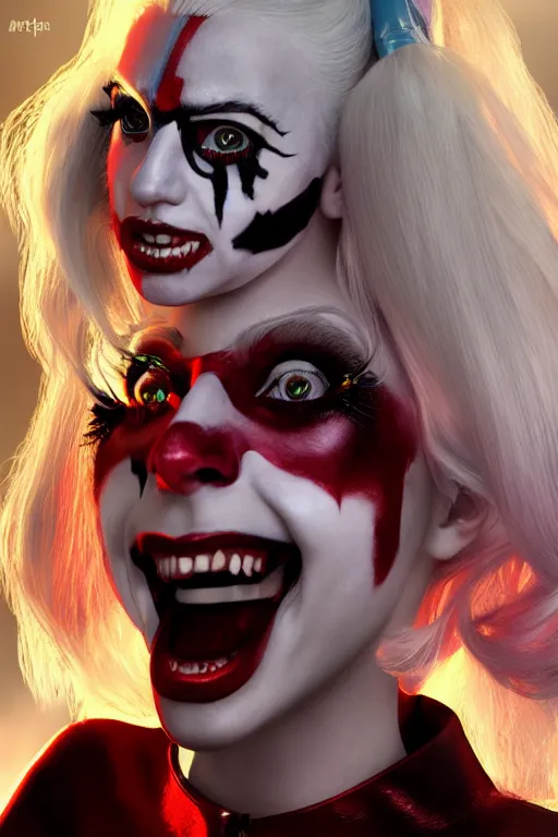 Image similar to lady gaga as harley quinn highly detailed, wide shot, intricate, fearful, mystical, sharp focus, Trending on Artstation HQ, deviantart, unreal engine 5, 4K UHD image