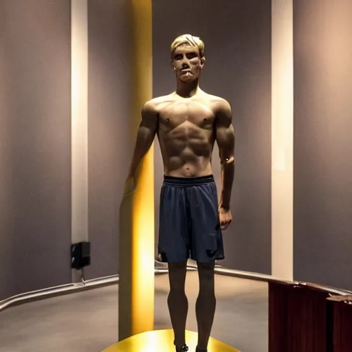 Image similar to a realistic detailed photo of a guy who is an attractive humanoid who is half robot and half humanoid, who is a male android, soccer players martin ødegaard, shiny skin, posing like a statue, blank stare, in a museum, on display, showing off his muscles, gold soccer shorts, ground view