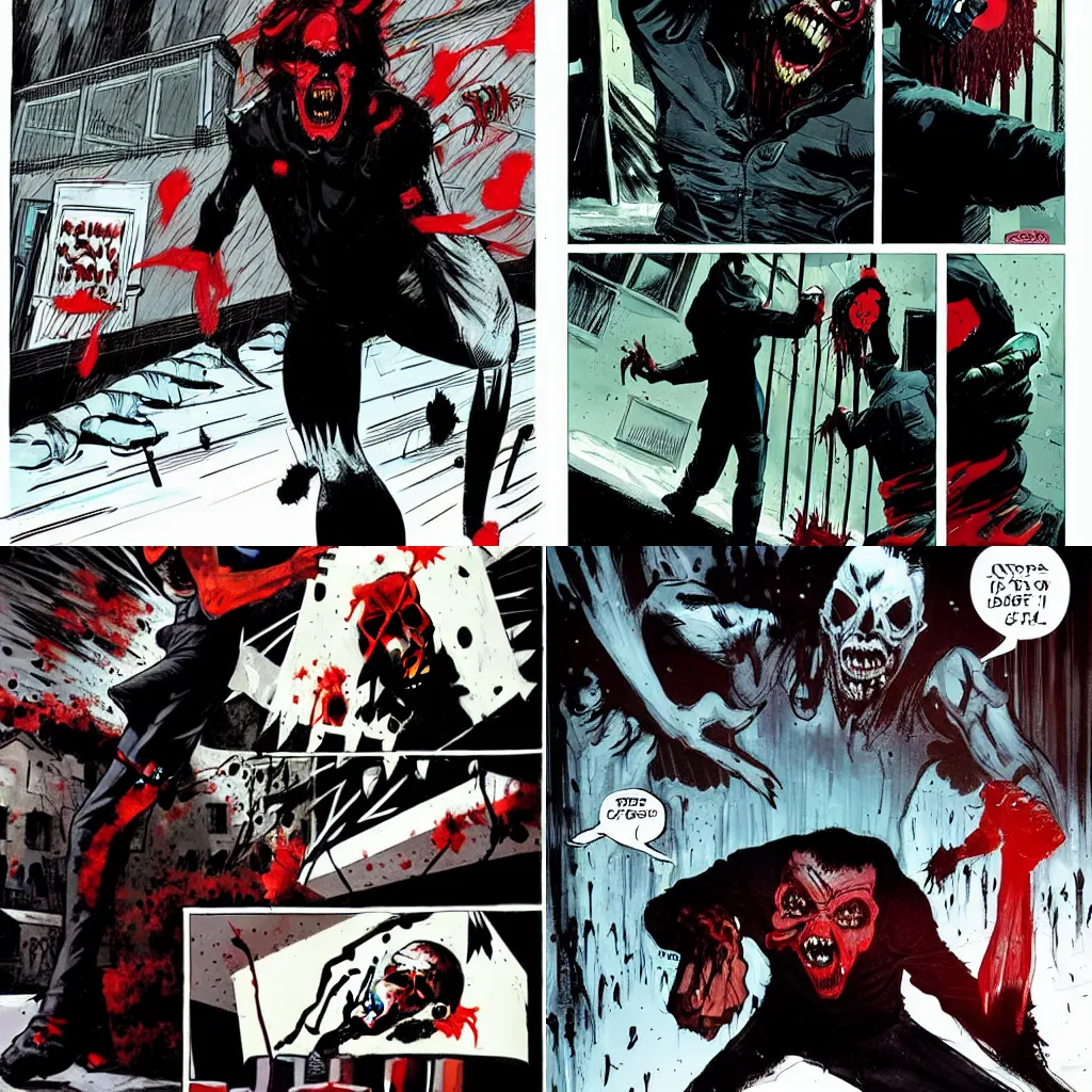 Prompt: Rafael Albuquerque comic art, scary vampire with red eyes and open mouth and sharp teeth, attacking and eating a person, ripping them apart with long sharp fingers long nails, horror, grotesque, fighting aggression, snow in an alleyway