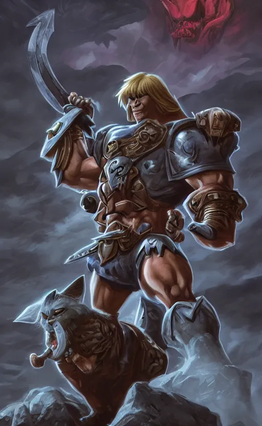 Image similar to Full body centered uncut character pose of mysterious-eerie-ominous He-Man, He-Man is holding the Power Sword in his right hand and the Grey Skull in his left hand, He-Man rides the Battle Cat, dark grey shadowy smokey background, direct natural lighting, cinematic, Epic, ultra-detailed, sharp focus, colored illustration, artwork by Jordan Grimmer and Greg Rutkowski