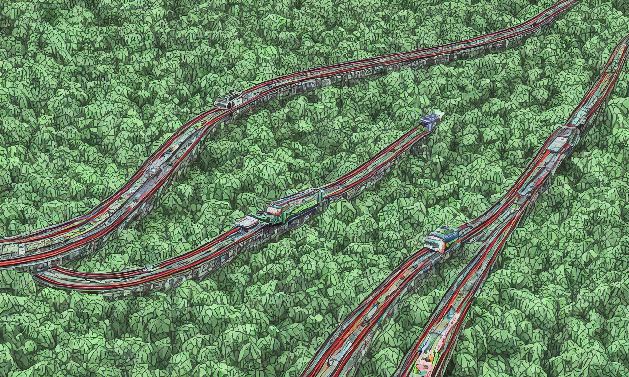 Prompt: riders on top of forested blobs interconnected by high speed rails, digital art, 3d, illustration