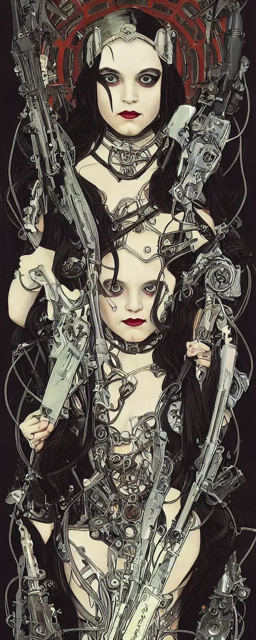 Image similar to beautiful stunning sci - fi art nouveau portrait of wednesday addams as a heavy metal industrial crustpunk rebel soldier by michael kaluta, moebius and alphonse mucha, photorealism, extremely hyperdetailed, perfect symmetrical facial features, perfect anatomy, ornate declotage, weapons, circuitry, high technical detail, determined expression, piercing gaze