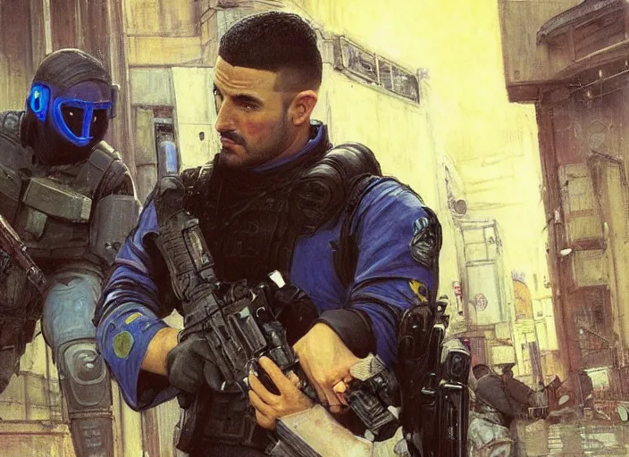 Image similar to Javier evades sgt Griggs. blue Cyberpunk hacker escaping Menacing Cyberpunk police trooper griggs wearing a combat vest. (dystopian, police state, Cyberpunk 2077, bladerunner 2049). Iranian orientalist portrait by john william waterhouse and Edwin Longsden Long and Theodore Ralli and Nasreddine Dinet, oil on canvas. Cinematic, vivid colors, hyper realism, realistic proportions, dramatic lighting, high detail 4k