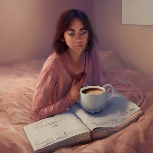 Image similar to lady who wakes up in the morning exactly as the coffee is made then doesn't make anymore but goes to the bedroom to start a space for music for 6 hours. heraldo ortega, mandy jurgens digital art, golden ratio, art canvas, award winning, masterpiece artstation 8 k 1 5 0 mpx