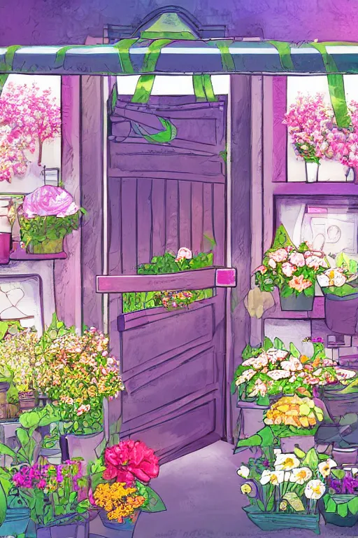 Image similar to a little flower shop's front gate, fresh, digital illustration, dramatic lighting, pixiv