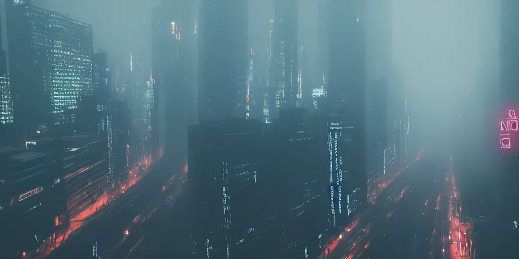 Prompt: megacity streets seen from above, neon signs, giant screens, eerie fog, blade runner, ex machina