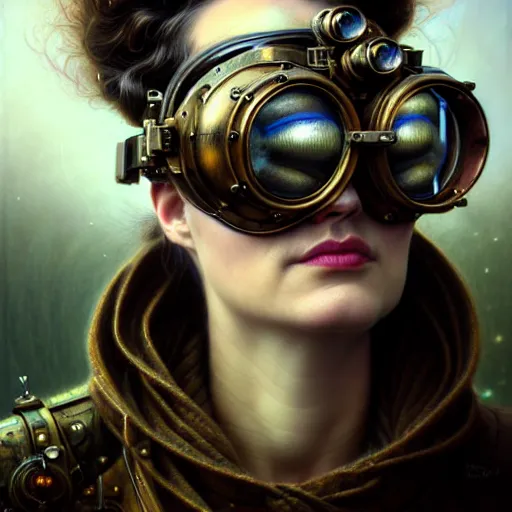 Image similar to closeup portrait shot of a glitched woman wearing steampunk goggles in a scenic dystopian environment, intricate, elegant, highly detailed, centered, digital painting, artstation, concept art, smooth, sharp focus, illustration, artgerm, tomasz alen kopera, peter mohrbacher, donato giancola, joseph christian leyendecker, wlop, boris vallejo