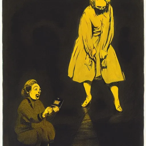 Image similar to A photograph. A rip in spacetime. Did this device in her hand open a portal to another dimension or reality?! dark yellow, lithograph by Isaac Levitan, by Paula Rego flowing, ominous