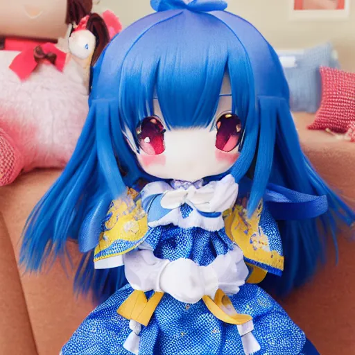 Image similar to cute fumo plush of a girl in a blue and gold patterned dress, high quality material bssrdf, vray, anime girl