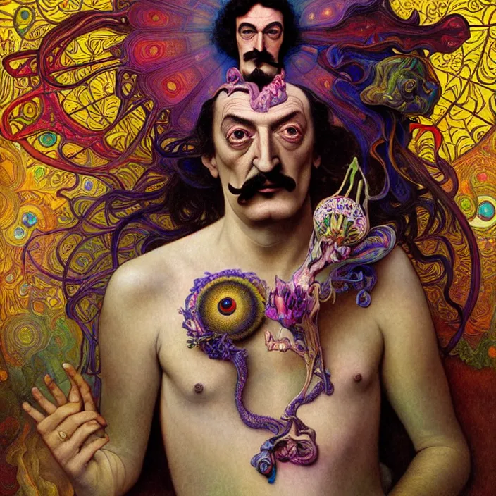 Prompt: An extremely psychedelic portrait of SalvadorDali, LSD, diffuse lighting, fantasy, intricate, elegant, highly detailed, lifelike, photorealistic, digital painting, artstation, illustration, concept art, smooth, sharp focus, art by John Collier and Albert Aublet and Krenz Cushart and Artem Demura and Alphonse Mucha and Giuseppe Arcimboldo