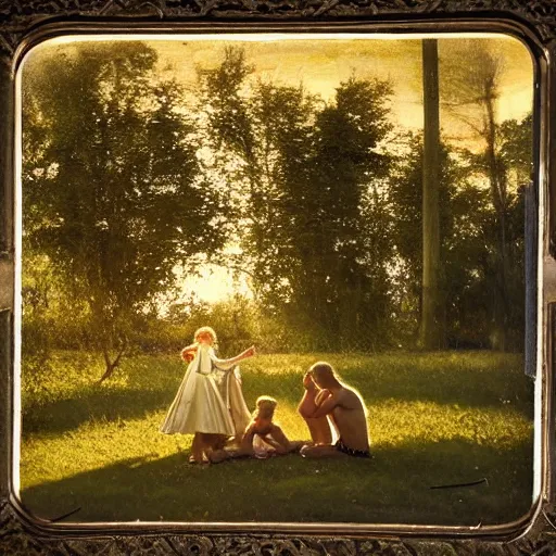 Image similar to Photograph, the warm, golden light of the sun casts a beautiful glow on the scene, and the gentle breeze ruffles the leaves of the trees. The figures in the photograph are engaged in a simple activity, the way they are positioned and the expressions on their faces suggest a deep connection. Peace and contentment, idyllic setting. tintype by Ilya Kuvshinov bold