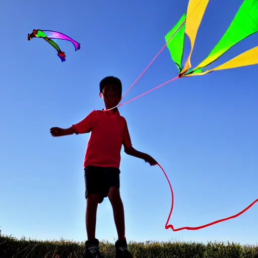 Image similar to a boy flying a kite with the shape of a drone tied to a string.