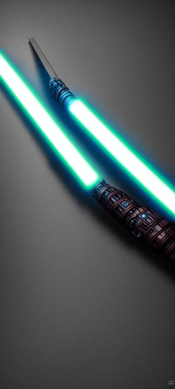 Image similar to ultra - detailed cinematic render, of a lightsaber hilt, that lies vertically on a round carved stone, lit up in a dark room, photo from above, octane render, deviantart, high quality, digital art, 8 k, jedi fallen order, volumetric lighting