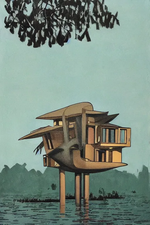 Image similar to spherical tree houses in flooded street ( ( ( ( painting by aaron douglas ) ) ) ) painting by alvar aalto